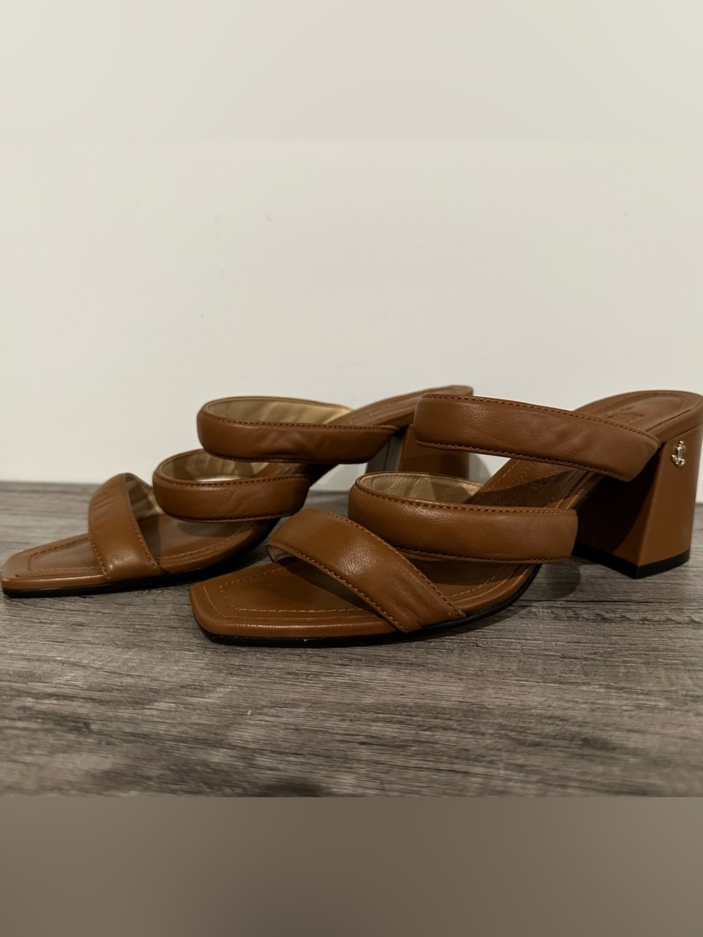Jimmy Choo Tan Leather Triple-Strap Block Heel Sandals